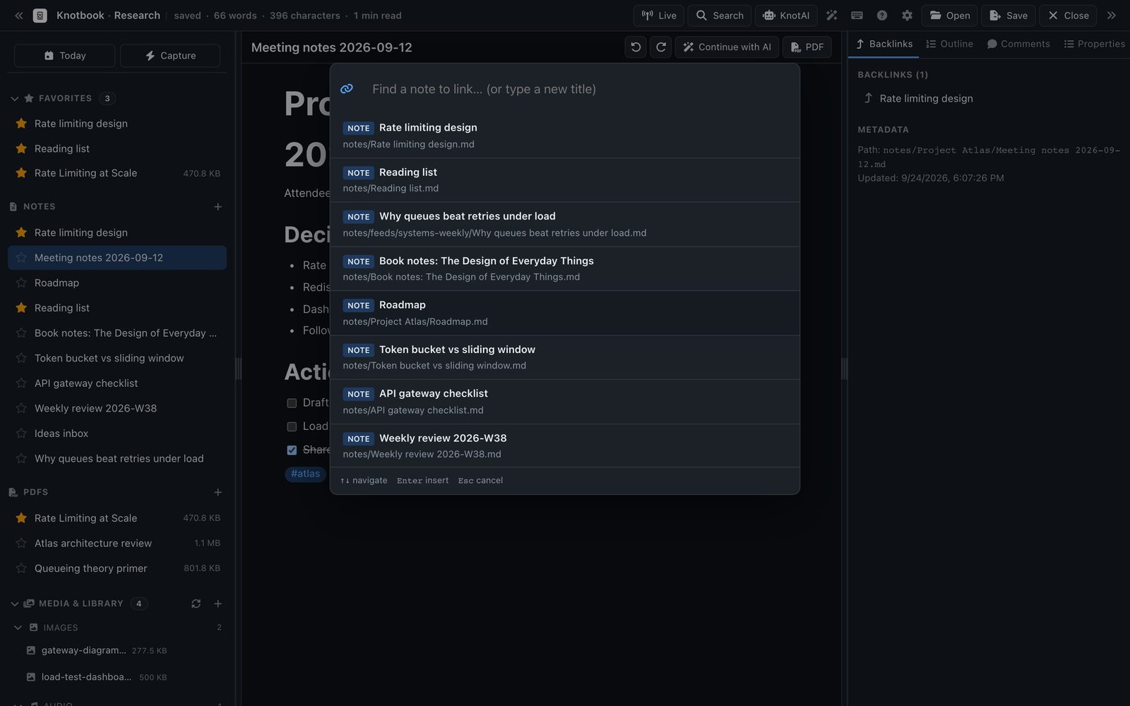 Meeting notes open in the Knotbook editor, with the wikilink picker listing notes to link to.