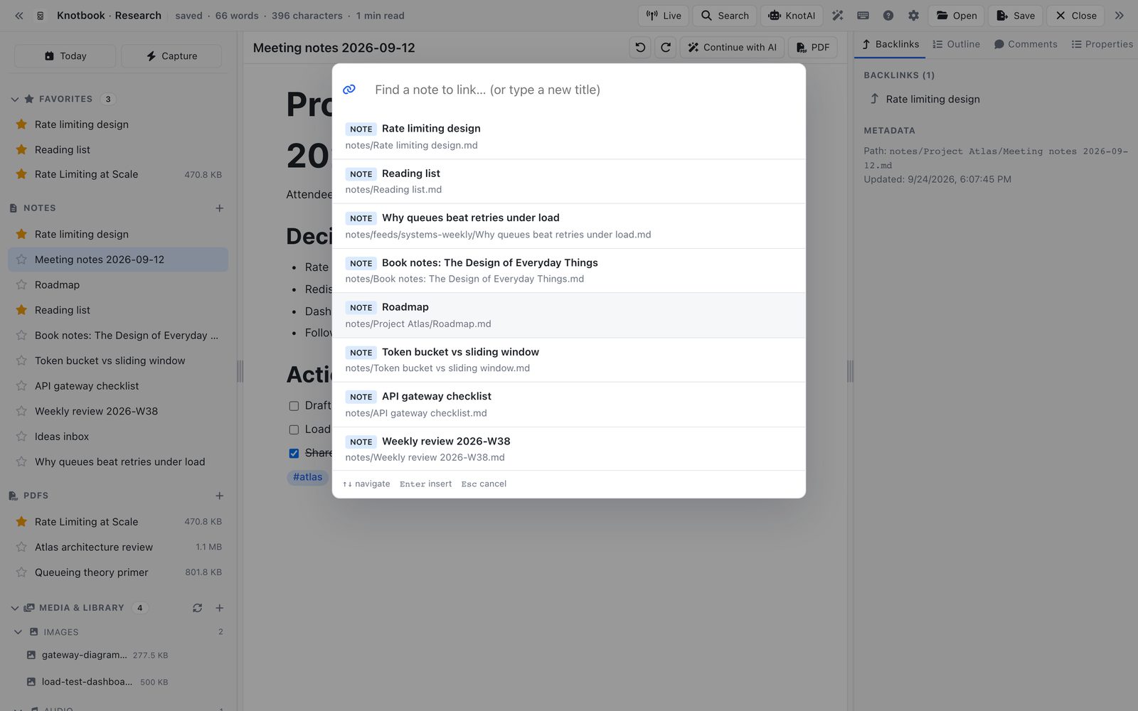 Meeting notes open in the Knotbook editor, with the wikilink picker listing notes to link to.