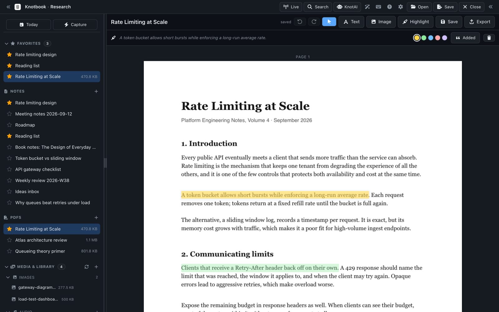 A PDF open in Knotbook's viewer with two passages highlighted.