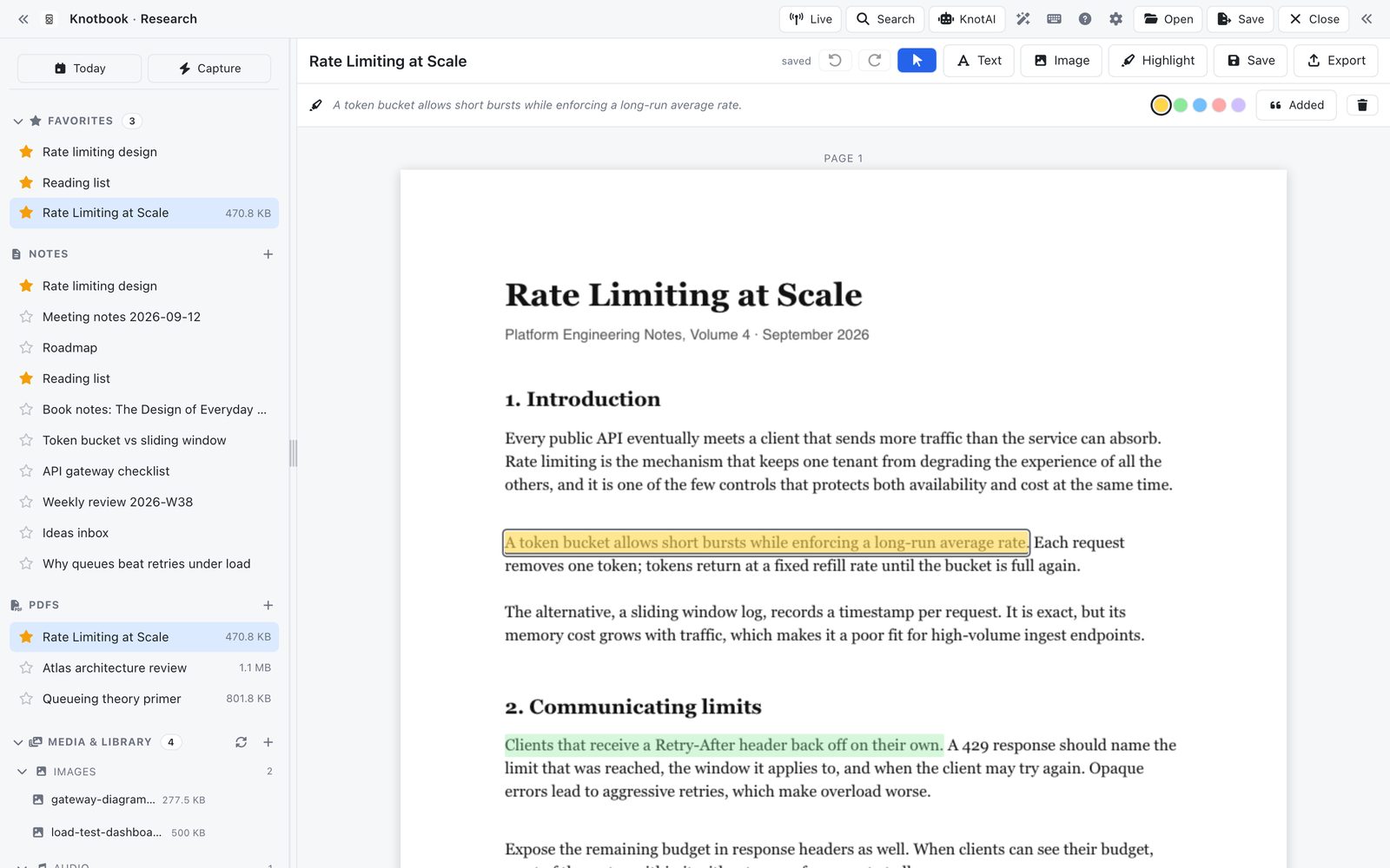 A PDF open in Knotbook's viewer with two passages highlighted.