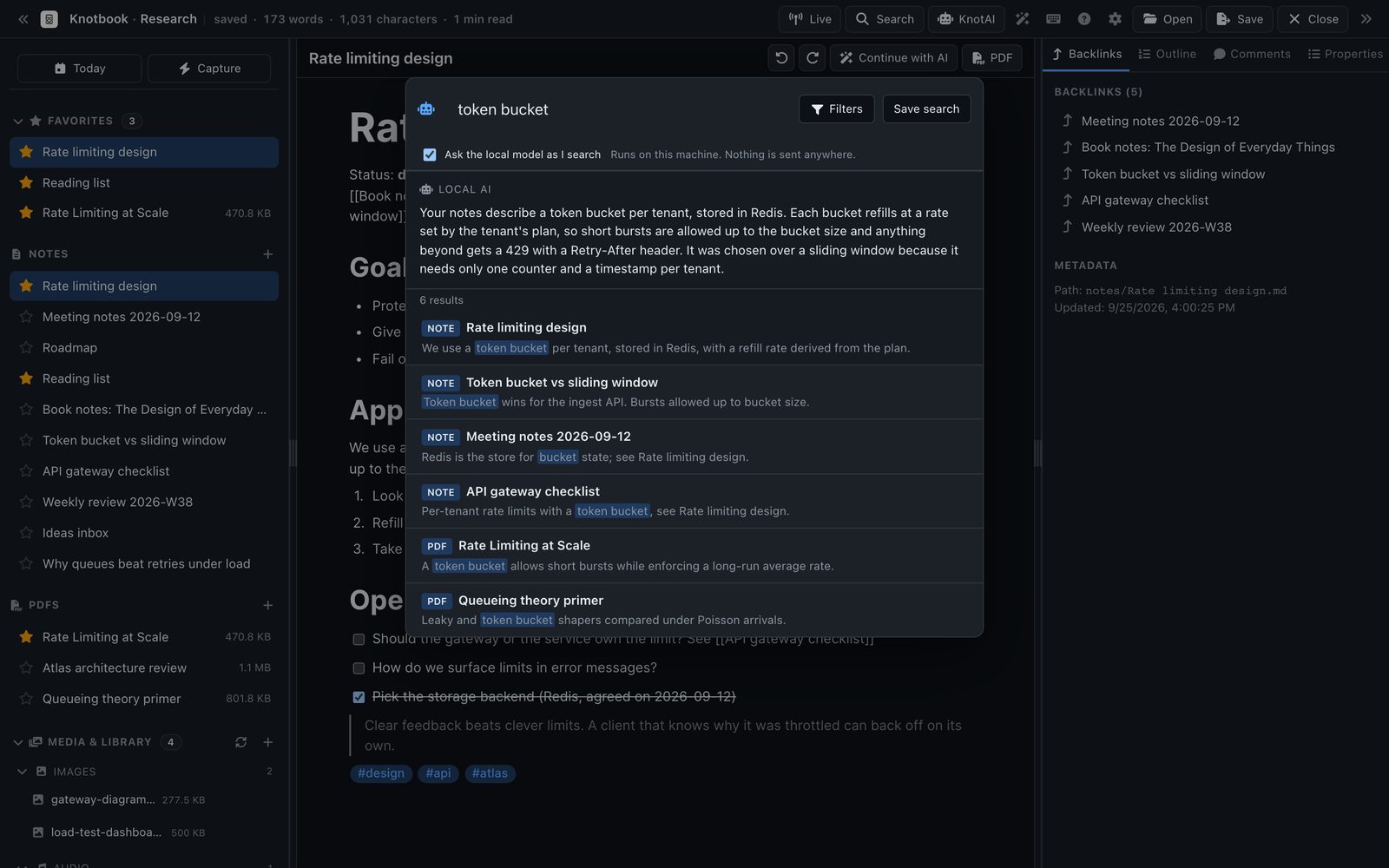 Knotbook's search dialog for the query token bucket, listing matching notes and PDFs with the match highlighted.
