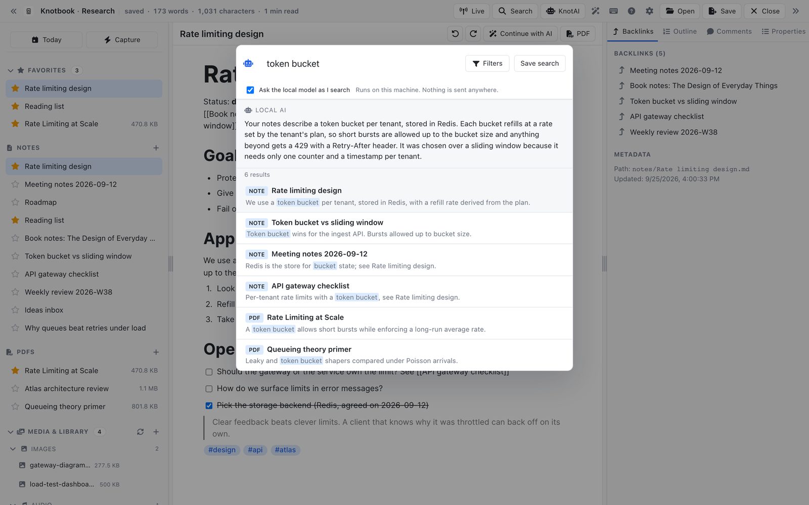 Knotbook's search dialog for the query token bucket, listing matching notes and PDFs with the match highlighted.