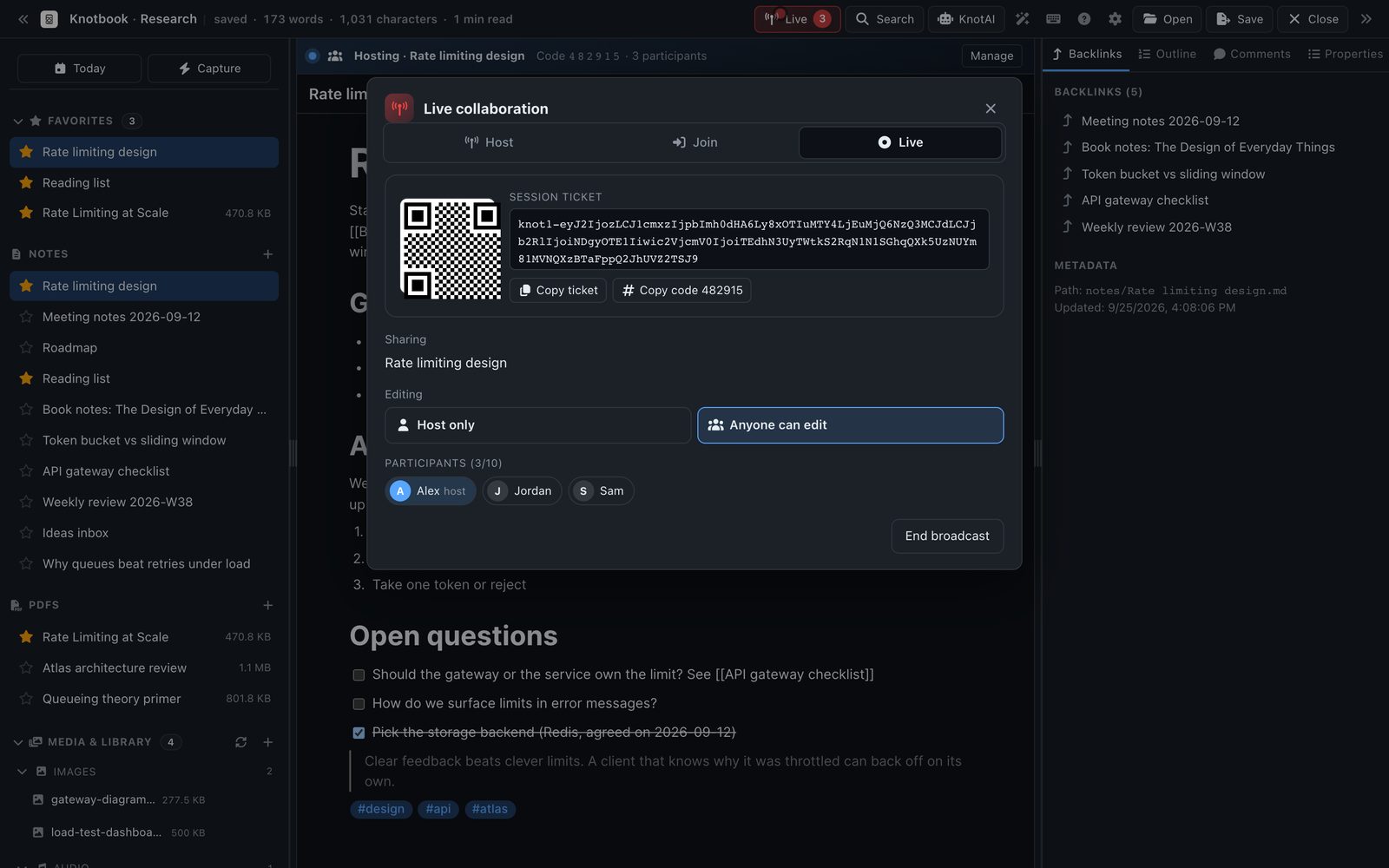 The Live collaboration dialog in Knotbook, showing the session code, editing permissions and three participants.