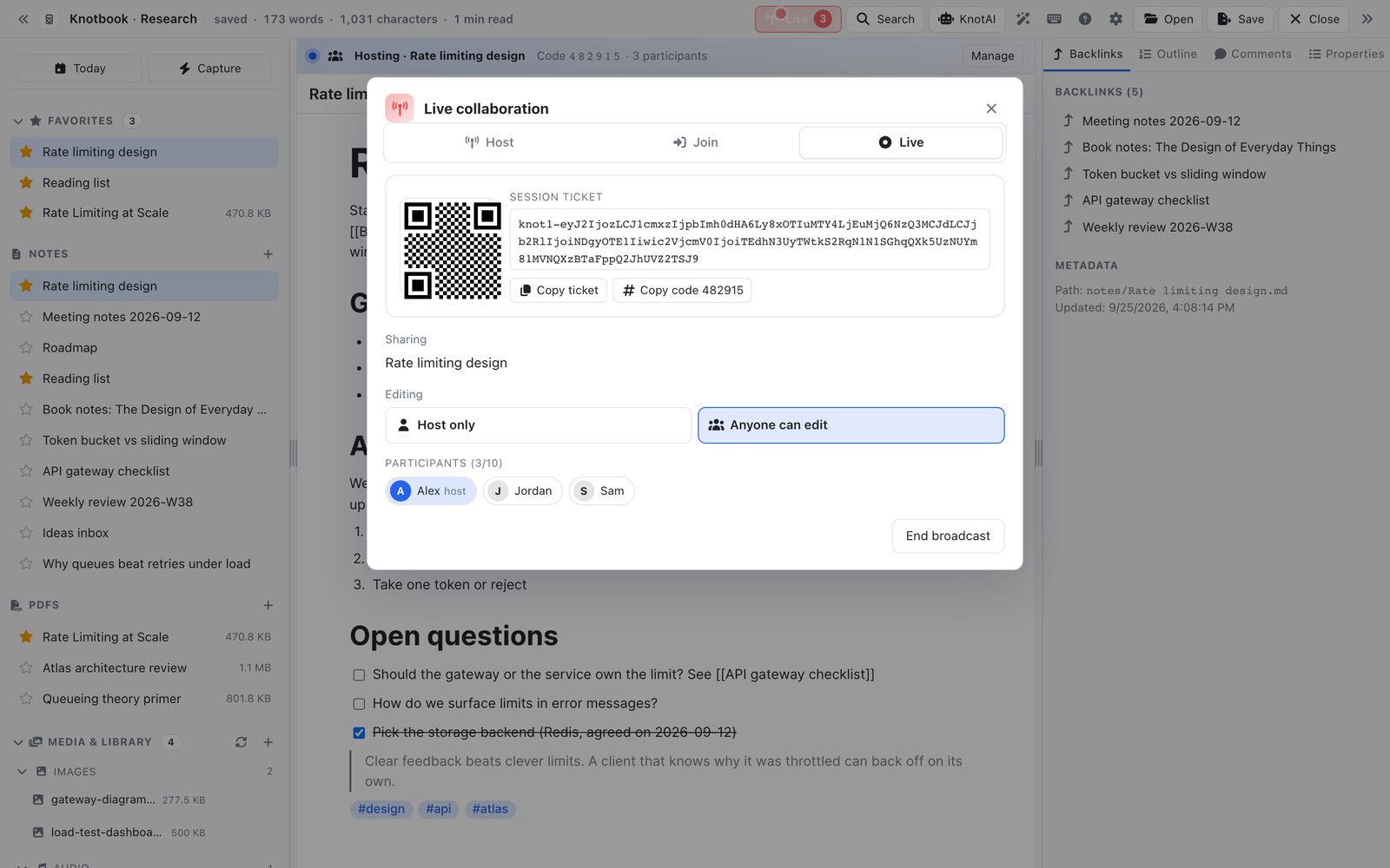 The Live collaboration dialog in Knotbook, showing the session code, editing permissions and three participants.